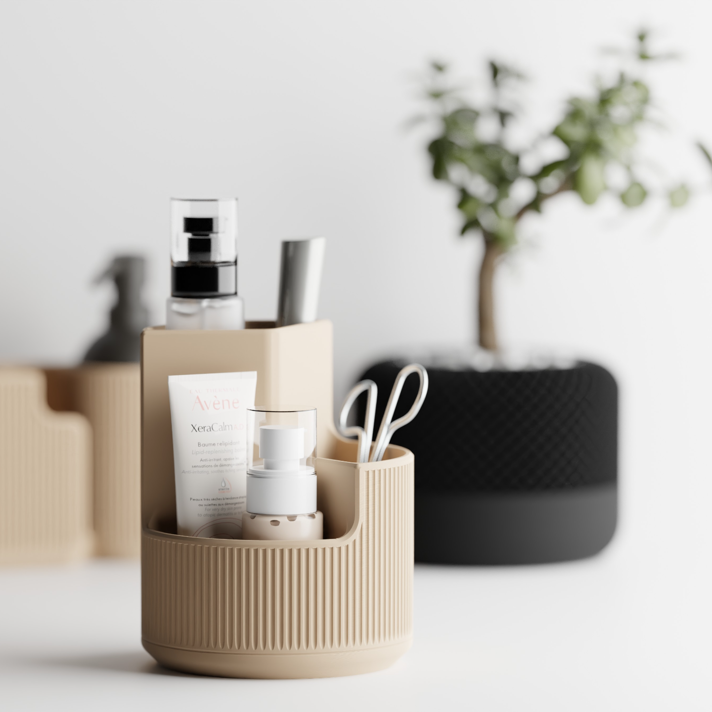 Beige container holding various toiletries on a white surface with a blurred plant in the background