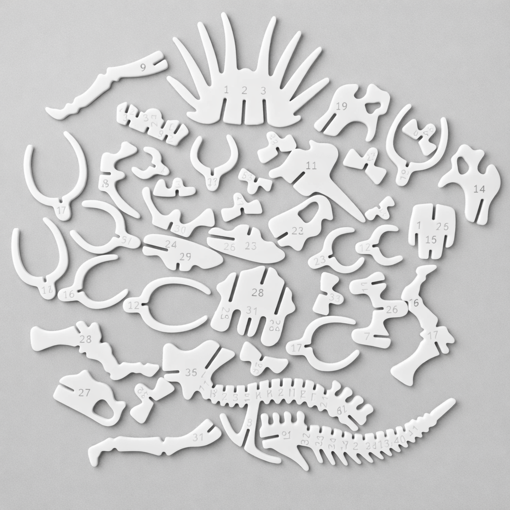 A set of white plastic dinosaur skeleton model pieces with printed numbers, arranged on a neutral gray background.