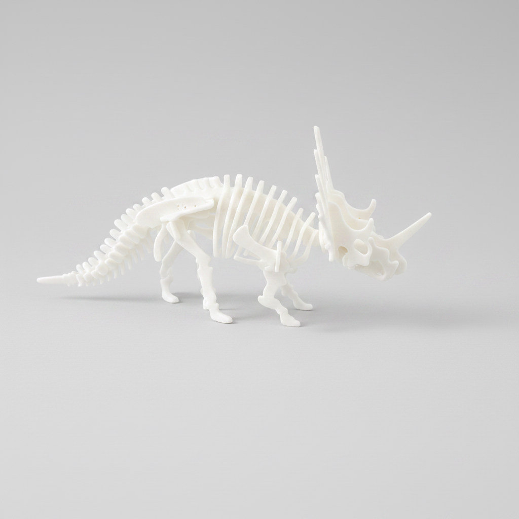 A white 3D wooden puzzle model of a Styracosaurus dinosaur skeleton, shown in profile against a clean white background.