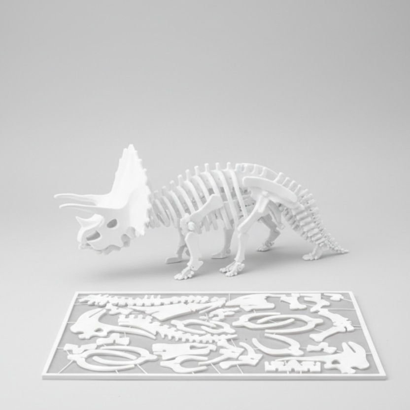 Dinosaur skeleton model on a table with a completed puzzle below